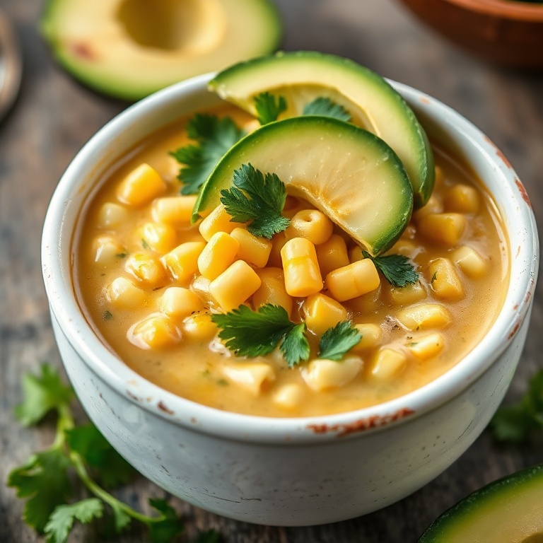 A serving of creamy Mexican street corn soup topped with avocado, cilantro, and lime. A white ceramic bowl with a rustic texture.