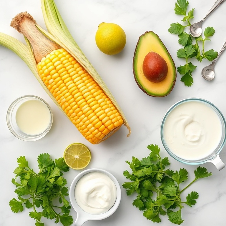 Fresh corn on the cob, avocado, cilantro, lime, and heavy cream arranged in a flat lay. Measuring spoons and bowls nearby.