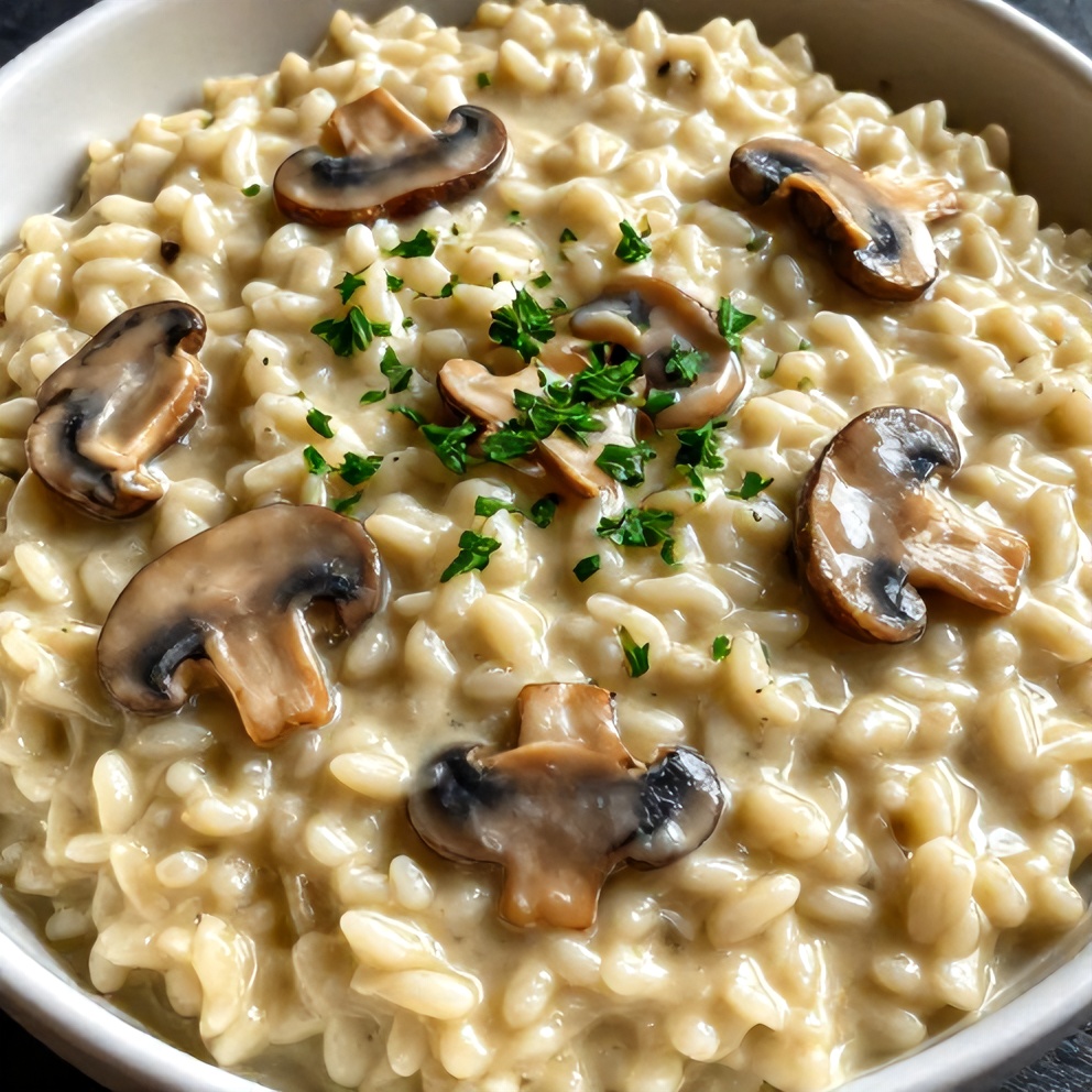 Plated creamy mushroom risotto with a sprinkle of fresh parsley