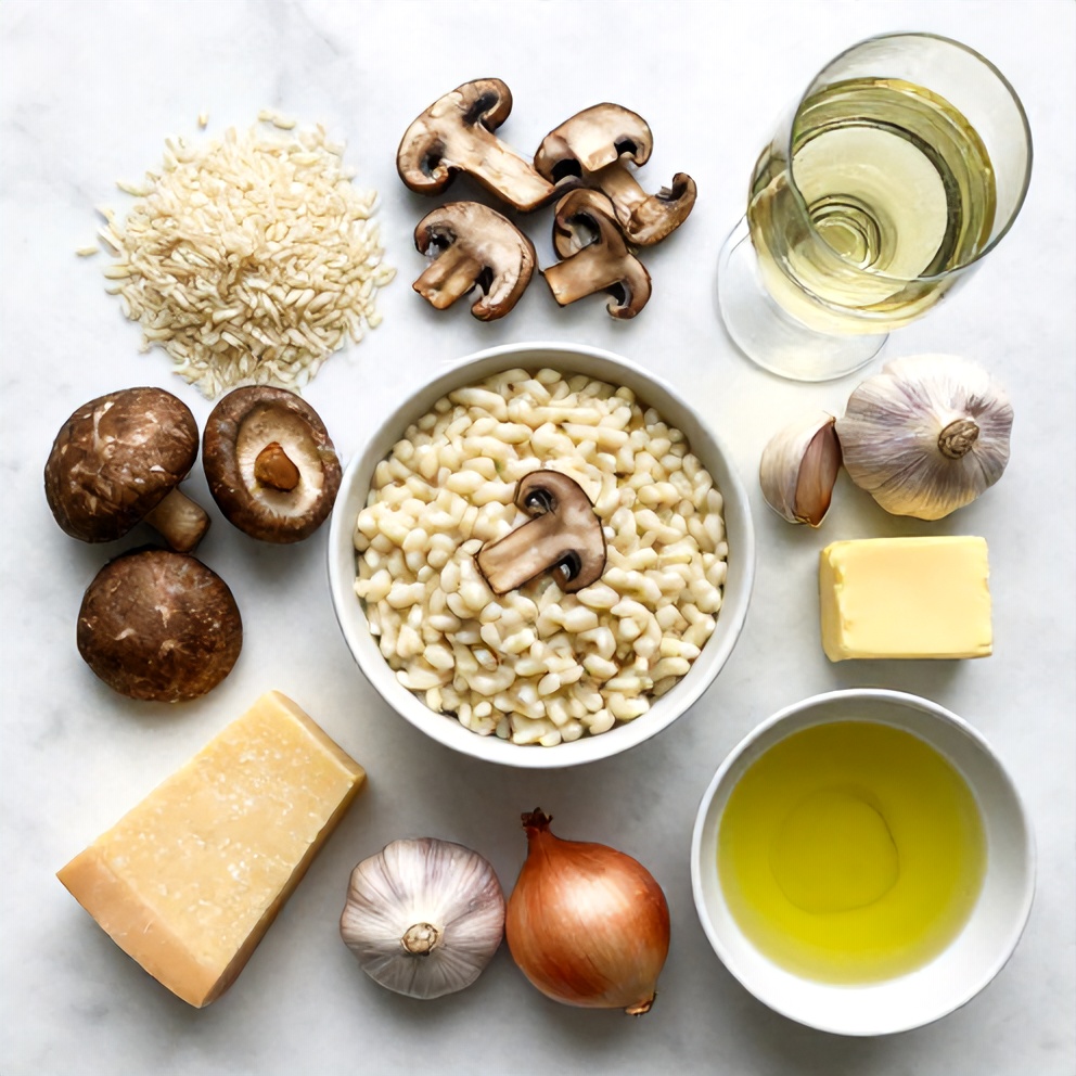 Raw ingredients for creamy mushroom risotto: arborio rice, mushrooms, garlic, shallots, white wine, Parmesan cheese, butter, olive oil, vegetable broth