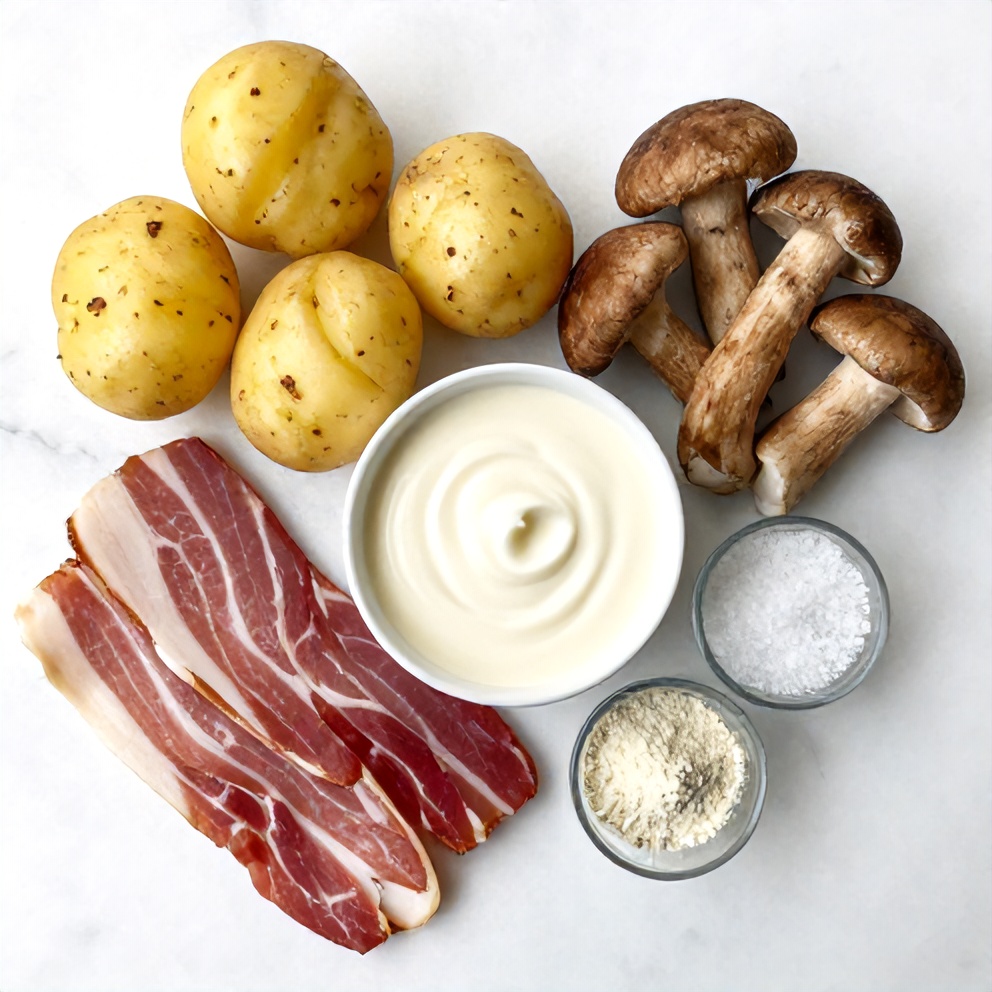 Raw ingredients for Creamy Pancetta and Porcini Potato Gratin arranged in an overhead flat lay, including potatoes, pancetta, porcini mushrooms, and heavy cream.