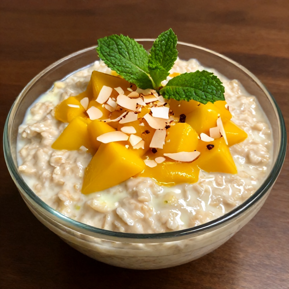 Finished Creamy Pandan Coconut Overnight Oats with Mango Drizzle