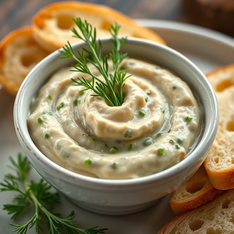 A small bowl of creamy pea dip with a sprig of fresh dill on top. Served with a baguette slice nearby.