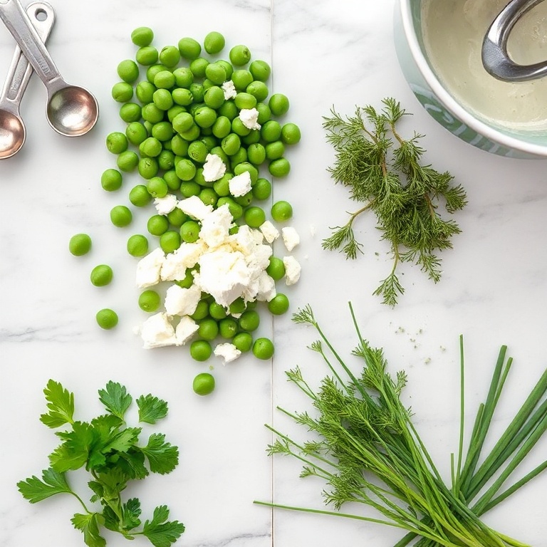 Fresh peas, crumbled goat cheese, parsley, dill, and chives on a white marble countertop. Measuring spoons and a mixing bowl nearby.
