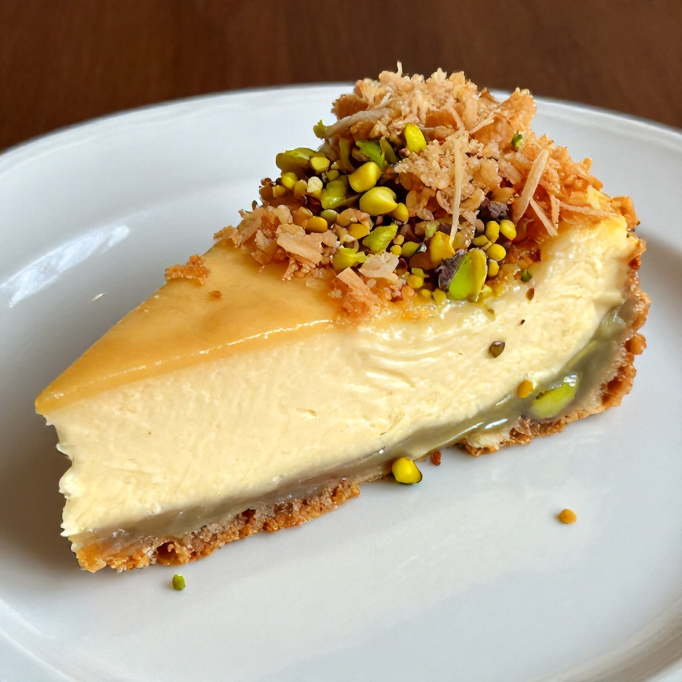 Sliced Creamy Pistachio Baklava Cheesecake