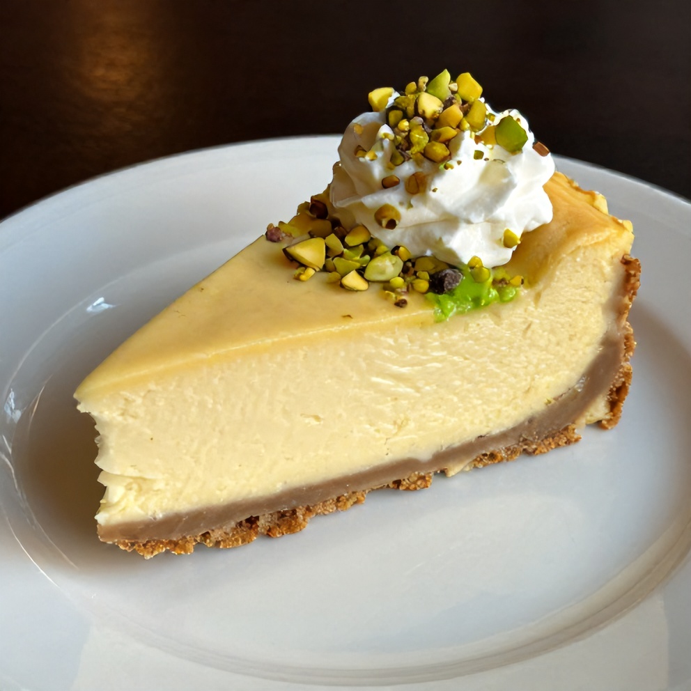Sliced Pistachio Cheesecake on a Plate