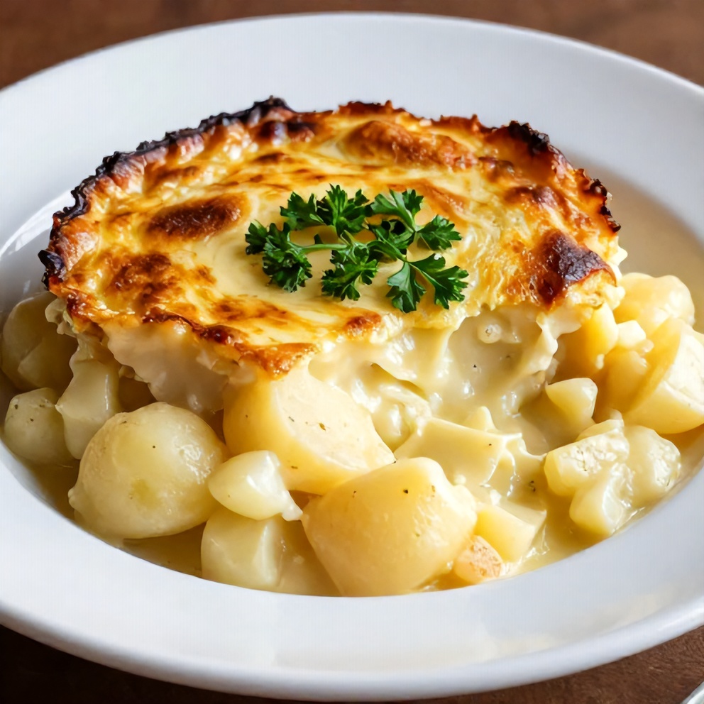 One perfect serving of Creamy Potato Gratin on a white plate, garnished with fresh parsley