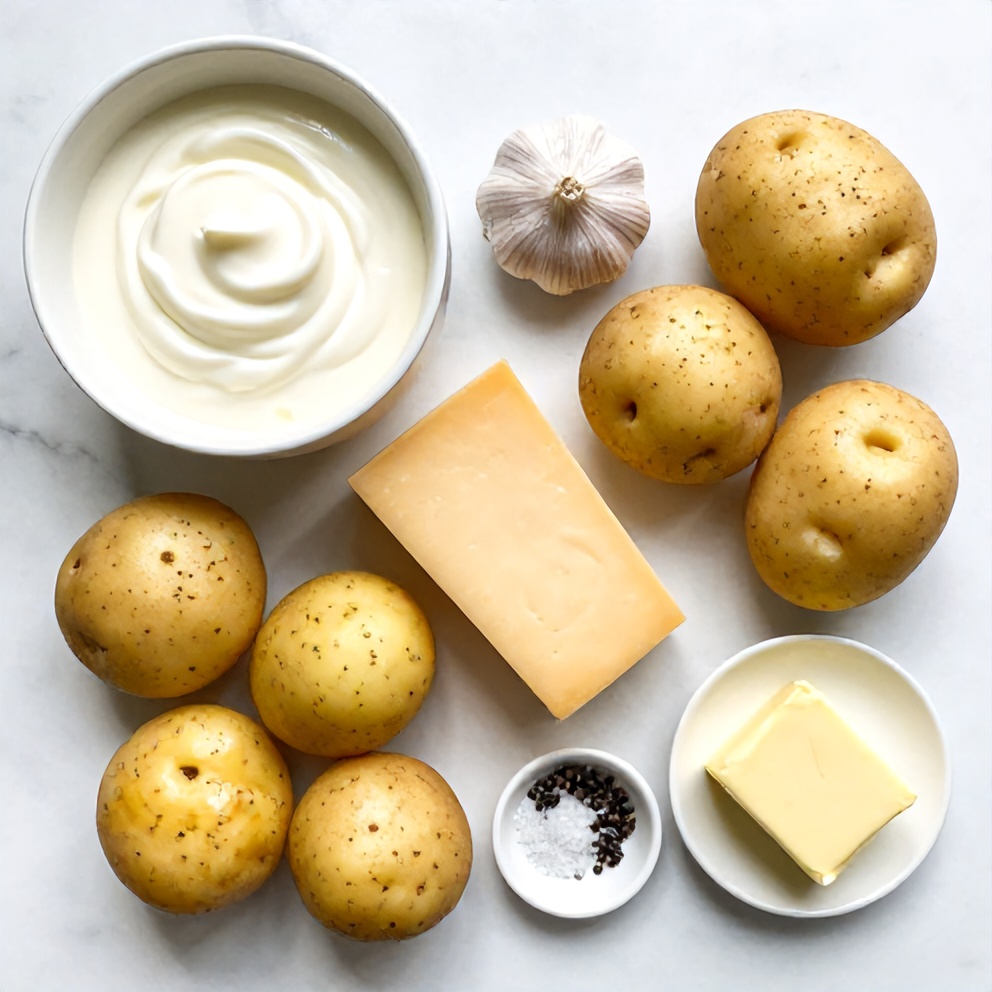 Raw ingredients for Creamy Potato Gratin: potatoes, heavy cream, garlic, gruyere cheese, salt, pepper, and butter
