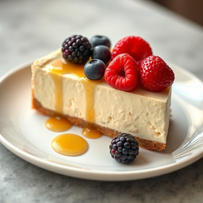 A perfect slice of creamy protein cheesecake on a white plate. Topped with fresh berries and a drizzle of honey.