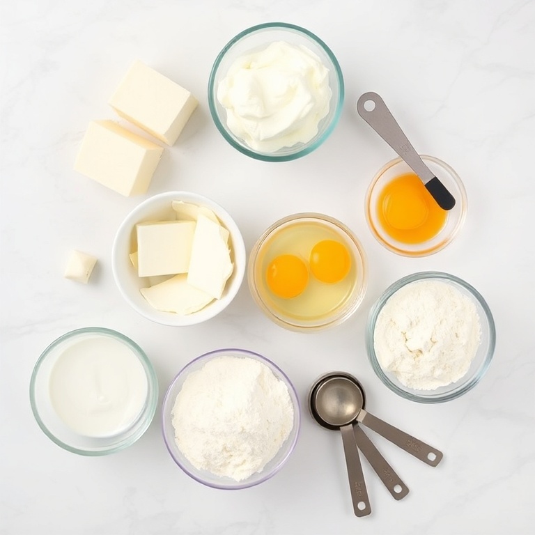 All raw ingredients for creamy protein cheesecake. Cream cheese, protein powder, eggs, vanilla, and sugar arranged in a flat lay.
