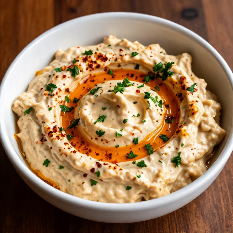 Creamy Roasted Red Pepper and Garlic Dip served in a bowl with pita chips