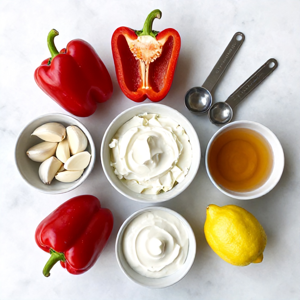 Raw ingredients for Creamy Roasted Red Pepper and Garlic Dip on a white marble surface