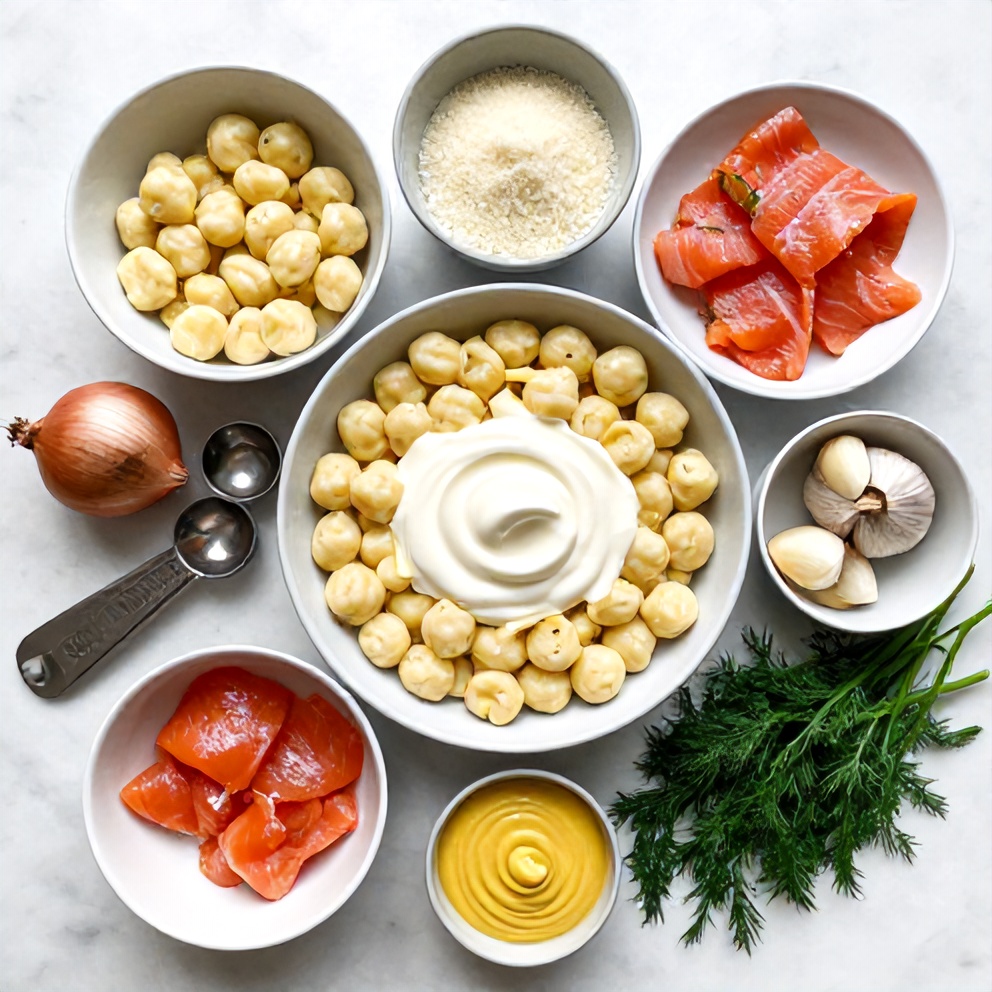 Raw ingredients for creamy smoked salmon gnocchi