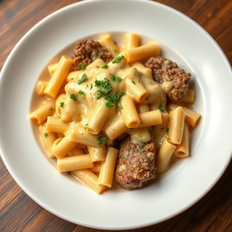 A generous serving of creamy steak mac and cheese in a wide white bowl, topped with chopped parsley and golden cheese sauce.