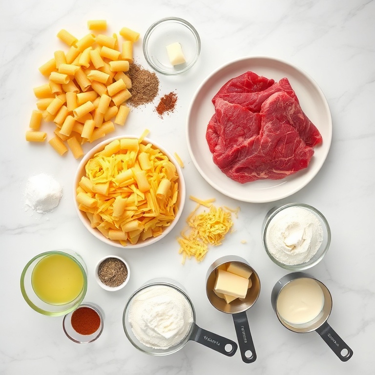 Overhead shot of raw steak, elbow macaroni, cheddar cheese, heavy cream, and butter, plus prep bowls and measuring spoons on a white marble surface.