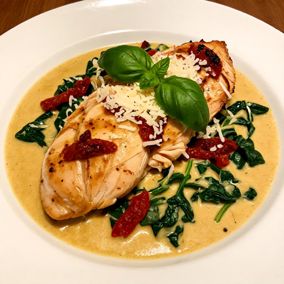 Plated serving of Creamy Sun-Dried Tomato Chicken Skillet with Spinach