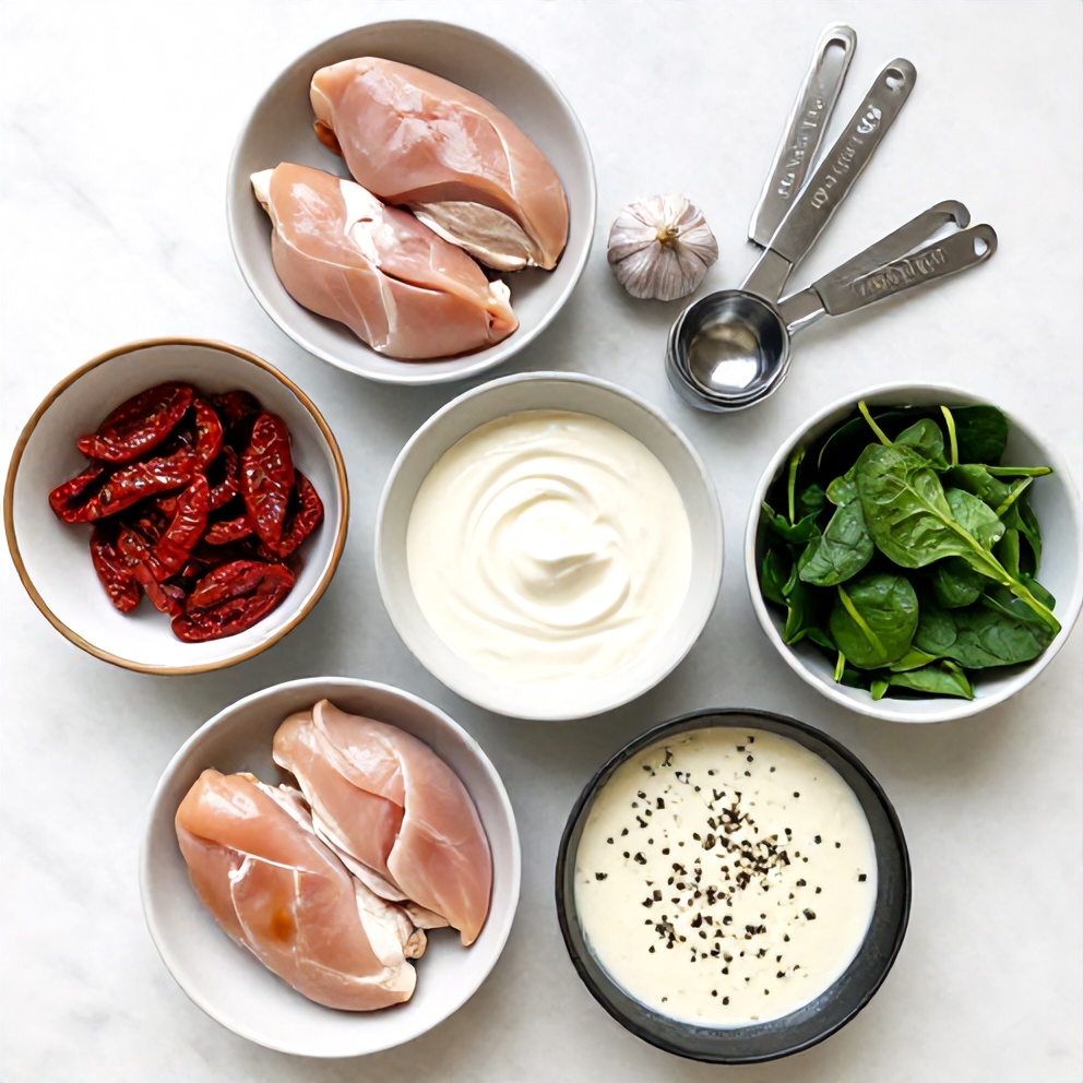 Raw ingredients for Creamy Sun-Dried Tomato Chicken Skillet with Spinach