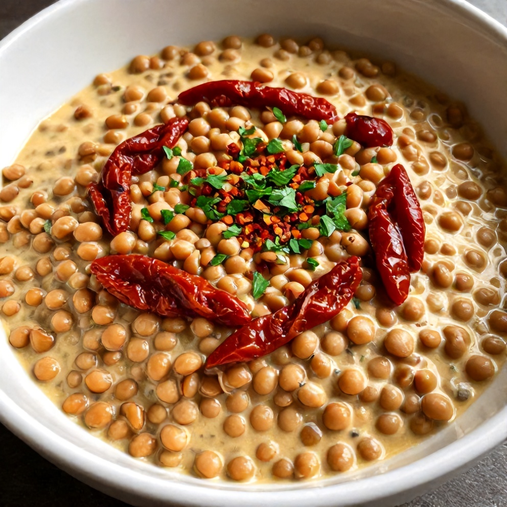 Creamy Sundried Tomato Lentils plated with a sprinkle of fresh parsley