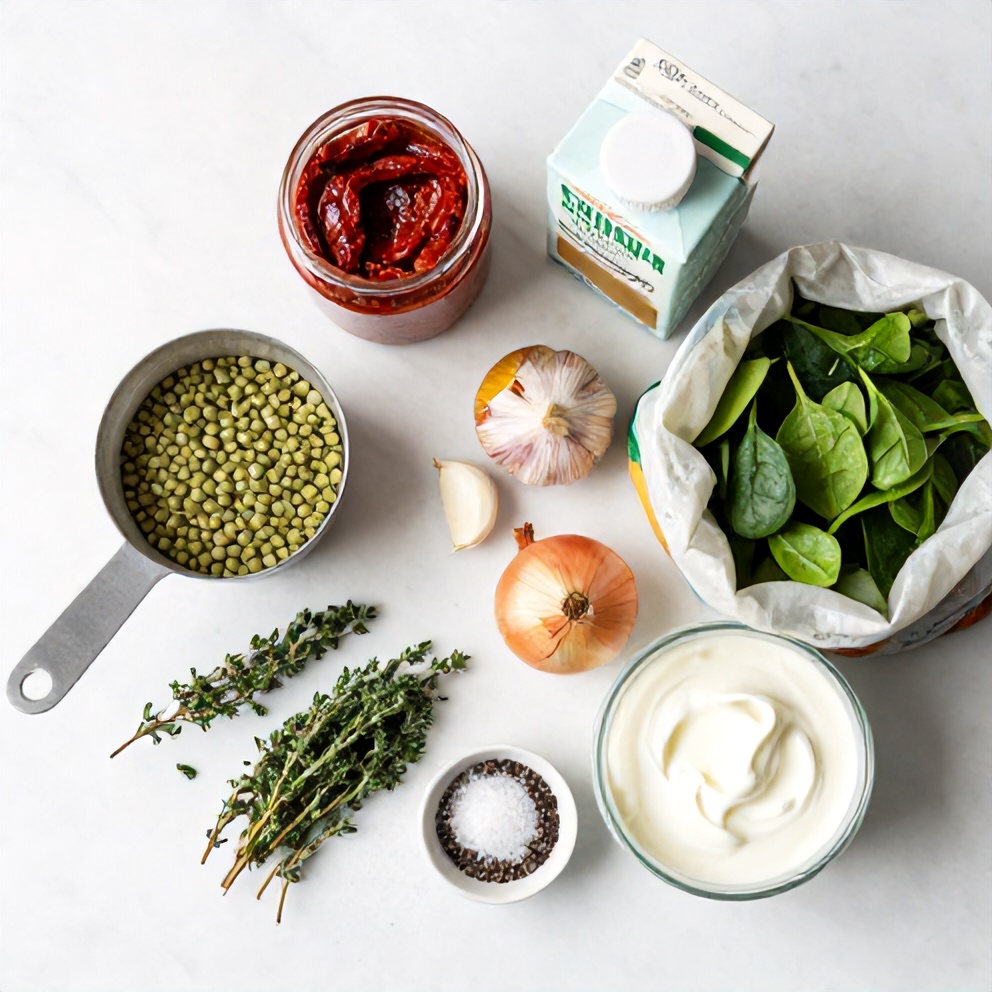 Raw ingredients for creamy sundried tomato lentils on a white marble surface