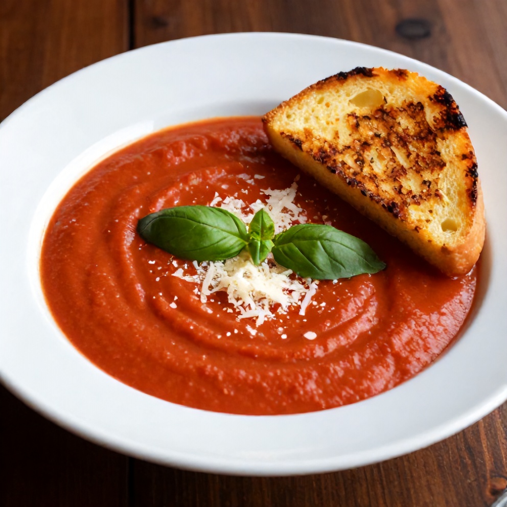 Bowl of creamy tomato soup with a side of grilled cheese