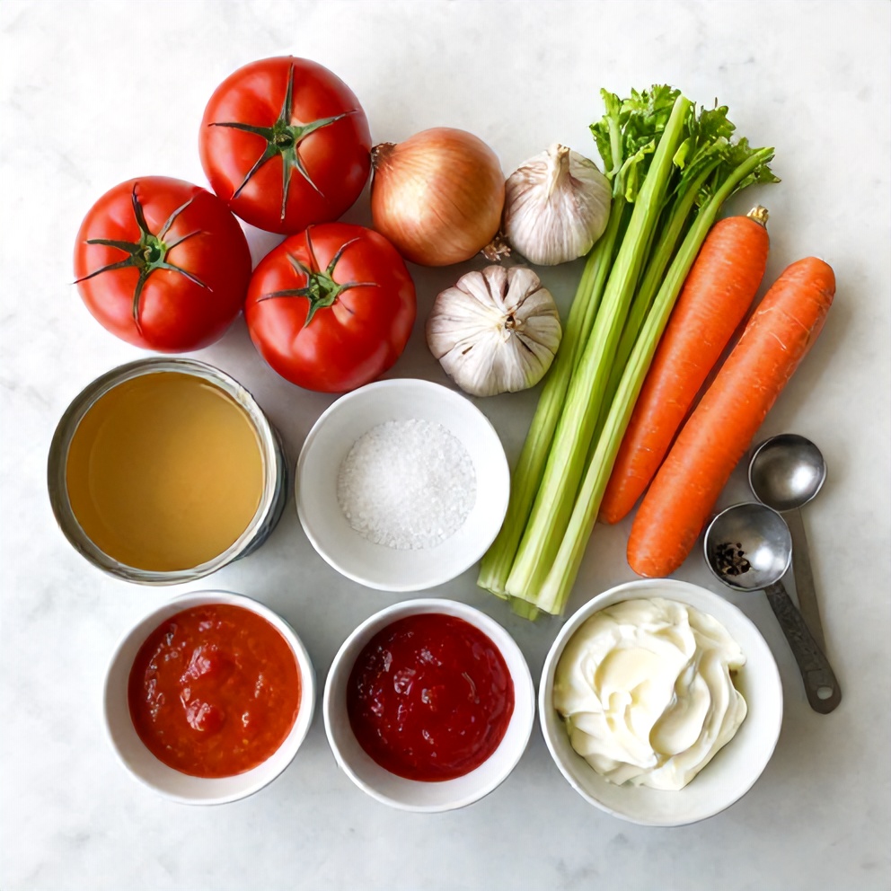Creamy tomato soup ingredients on a marble counter