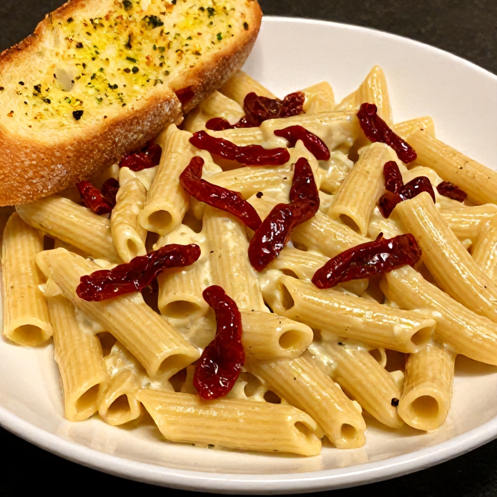 Plated creamy vegan sun dried tomato pasta with garlic bread