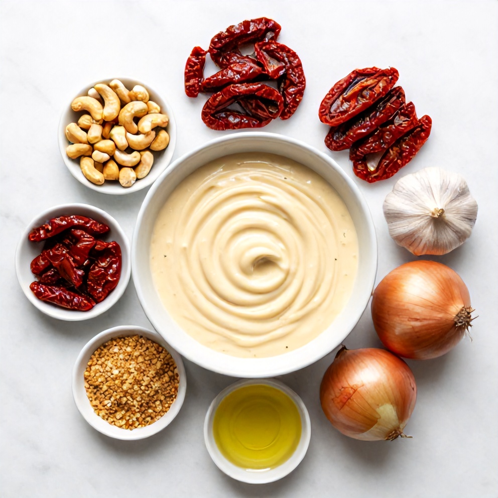 Raw ingredients for creamy vegan sun dried tomato pasta