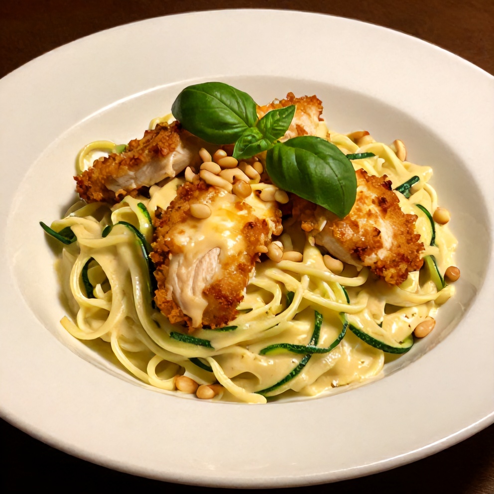 Plated Creamy Zucchini Noodle Chicken Alfredo