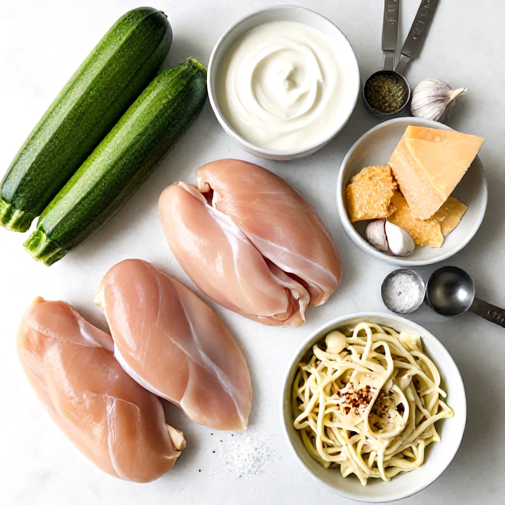 Raw ingredients for Creamy Zucchini Noodle Chicken Alfredo