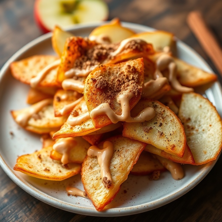 Crispy Apple Nachos with Cinnamon and Tahini Drizzle. Perfectly plated with a drizzle of tahini and a sprinkle of cinnamon.