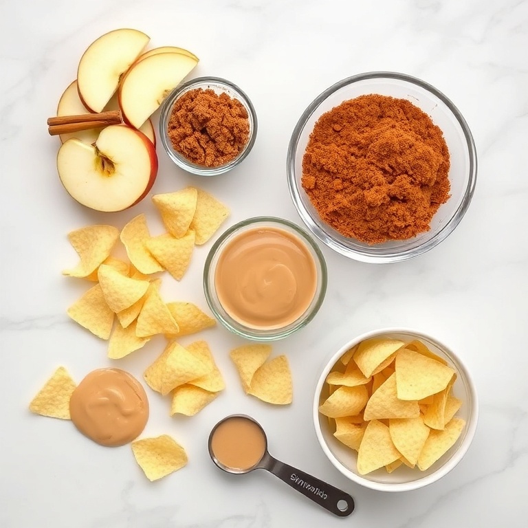 Raw ingredients for Crispy Apple Nachos. Apple slices, cinnamon, tahini, and other key items arranged neatly.
