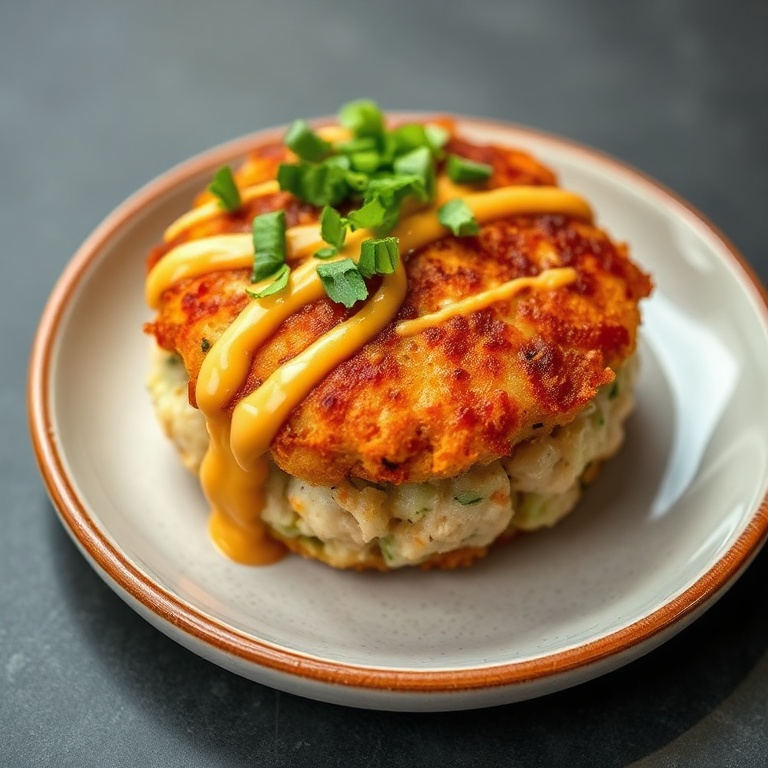 Single plated crispy Asian tuna cake with spicy mayo and fresh cilantro on a round ceramic plate, close crop.