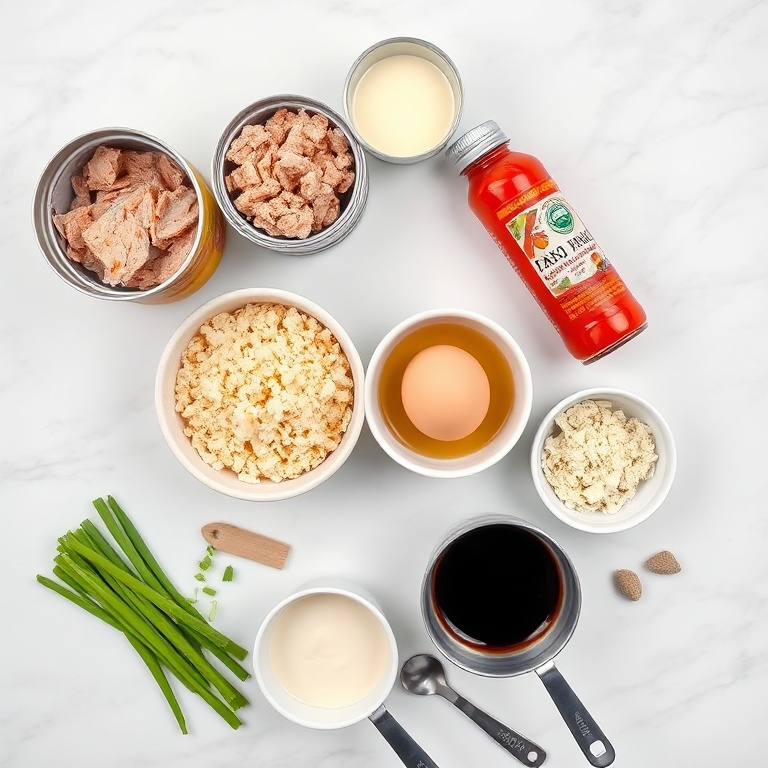 Overhead of raw tuna, panko breadcrumbs, eggs, green onions, Sriracha in bowls, alongside seasonings. Bright and tidy kitchen prep.