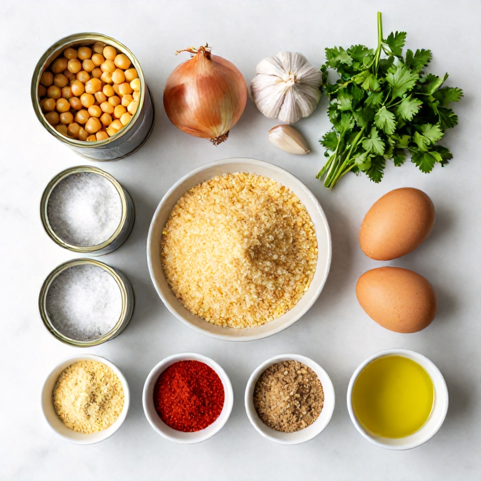 Raw ingredients for chickpea patties on a marble surface
