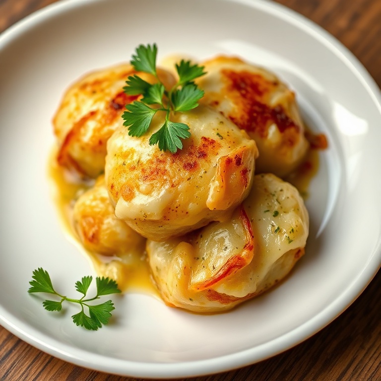 Crispy Baked French Onion Gnocchi plated on a white ceramic dish. Topped with fresh parsley. Close-up of melted cheese.