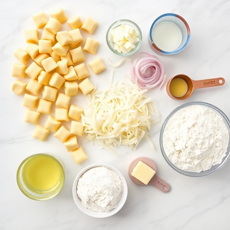 Fresh gnocchi, sliced onions, shredded cheese, garlic, butter, and flour arranged in a flat lay. Measuring cups and bowls visible.