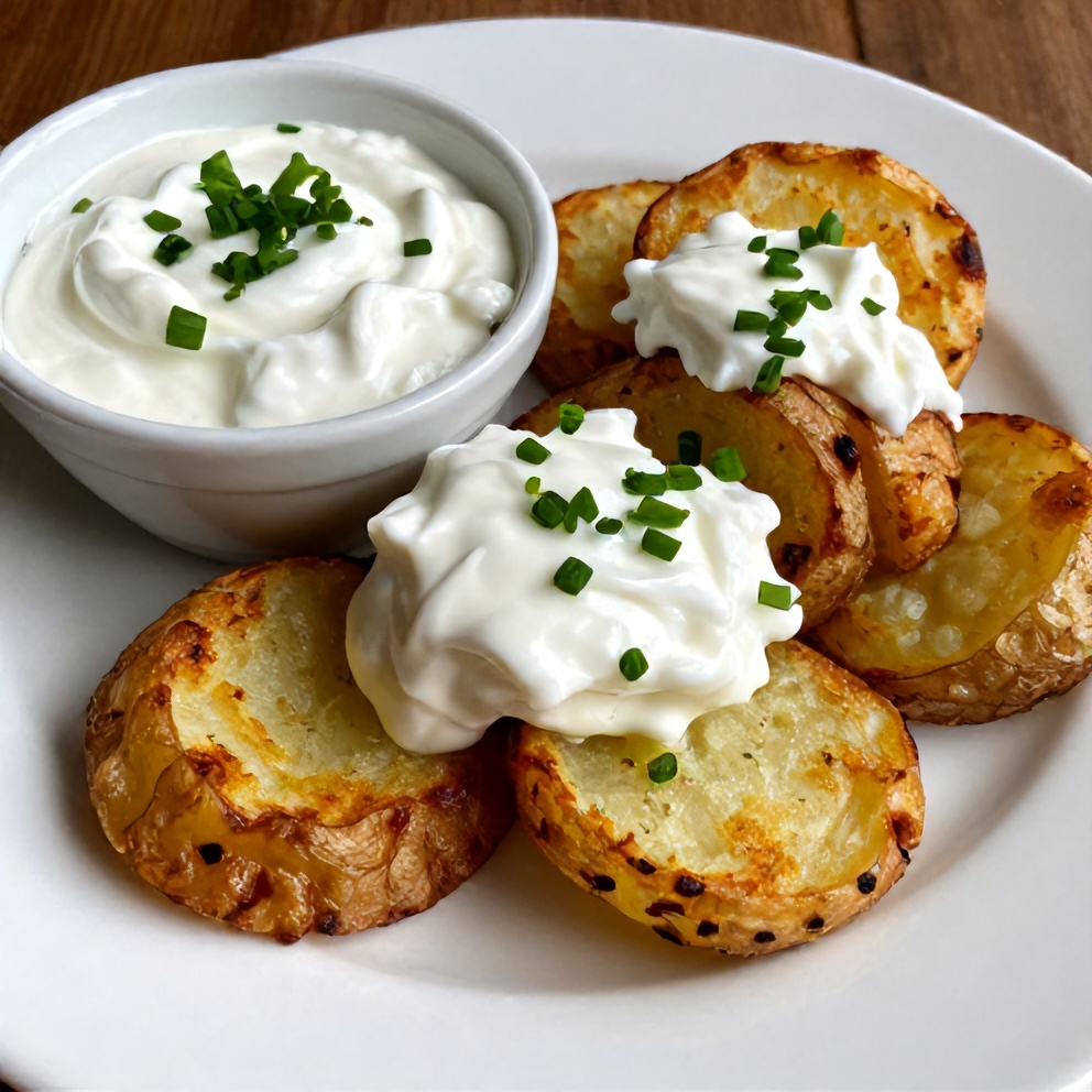 Plated crispy baked potato skins with Greek yogurt dip and chives