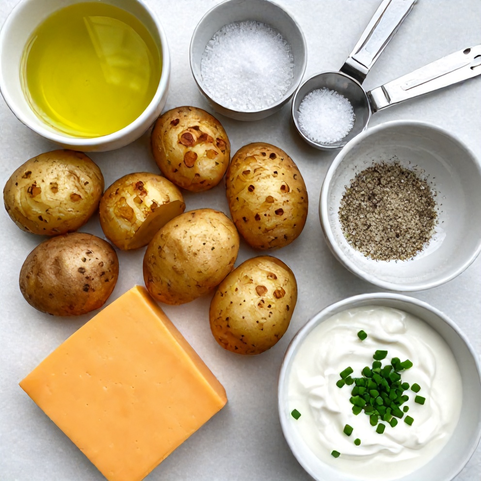 Raw ingredients for crispy baked potato skins: russet potatoes, olive oil, salt, pepper, cheddar cheese, Greek yogurt, chives