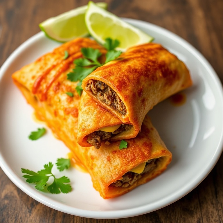 Perfectly plated Crispy Beef Cheese Chimichangas. Garnished with cilantro and lime. Warm side lighting highlights the crispy texture. White ceramic plate.