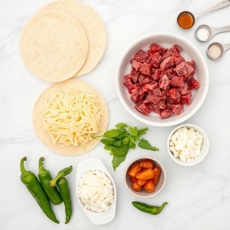 Overhead flat lay of beef, cheese, tortillas, onions, and peppers. Measuring spoons and bowls visible. White marble surface. Bright even light.