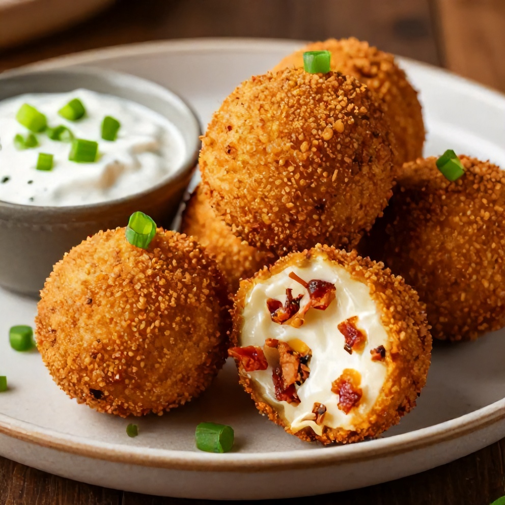 Plated serving of Crispy Buffalo Chicken Bacon Mozzarella Bombs on a rustic plate