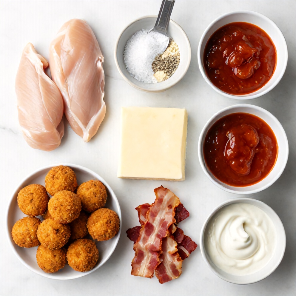 Raw ingredients for Buffalo Chicken Bacon Mozzarella Bombs on a white marble surface