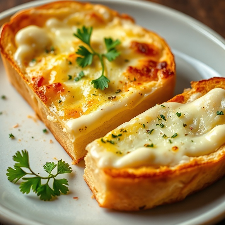 Slicing crispy garlic bread with melted cheese and golden edges