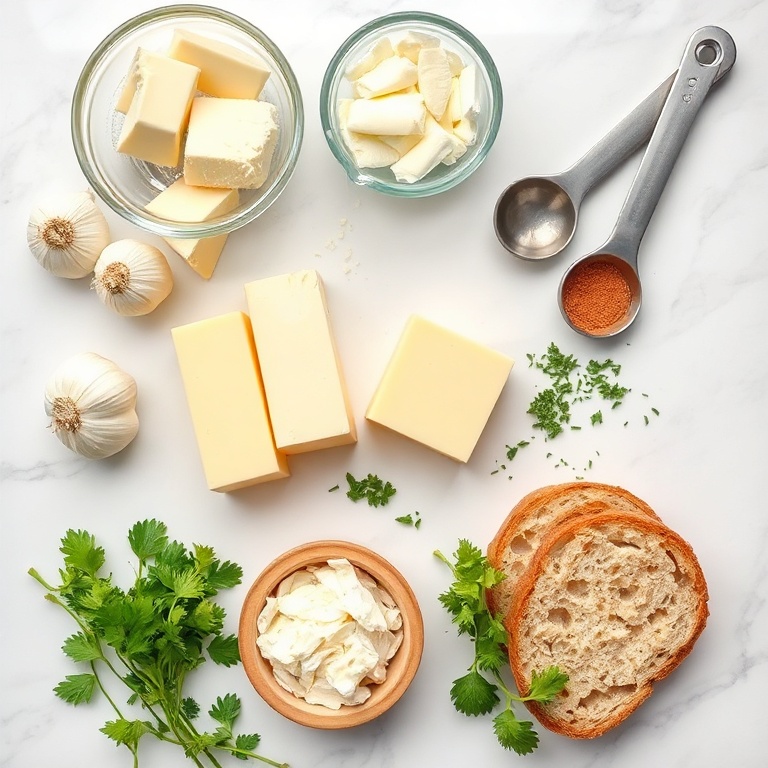 Fresh garlic, butter, cheese, bread, and herbs in a flat lay