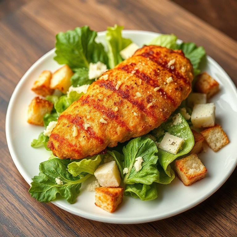 Crispy Chicken Caesar Salad on a white plate with Parmesan and croutons