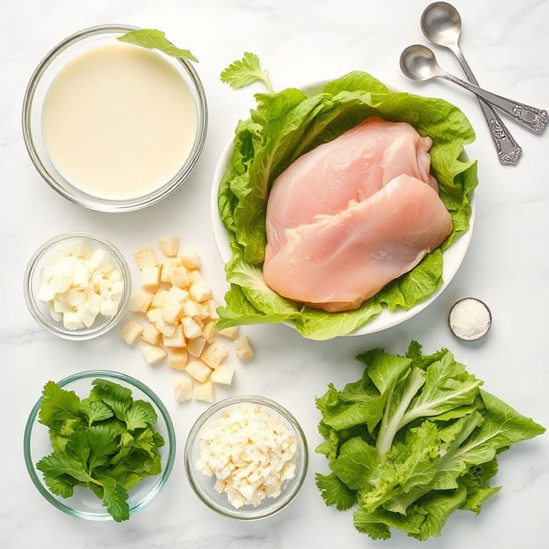 Raw chicken, romaine, croutons, Parmesan, and Caesar dressing ingredients