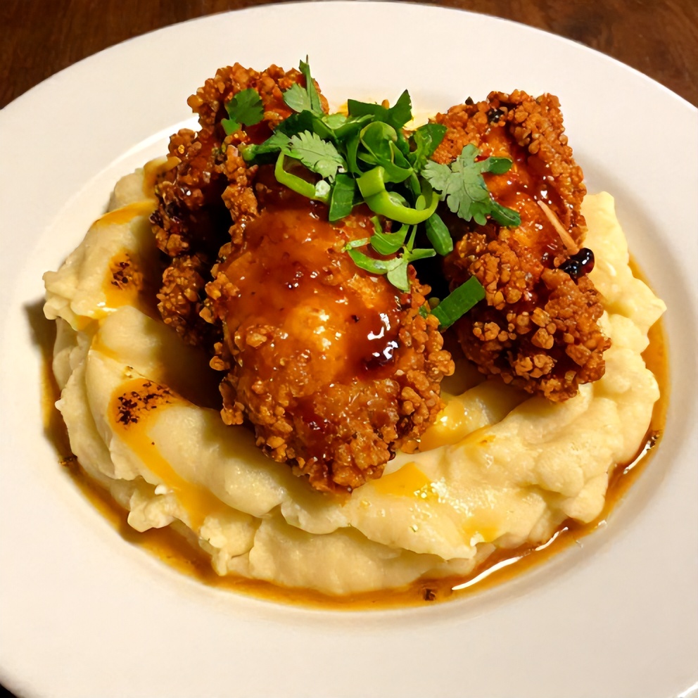 Plated Crispy Chipotle Honey Chicken with Smoked Gouda Mashed Potatoes