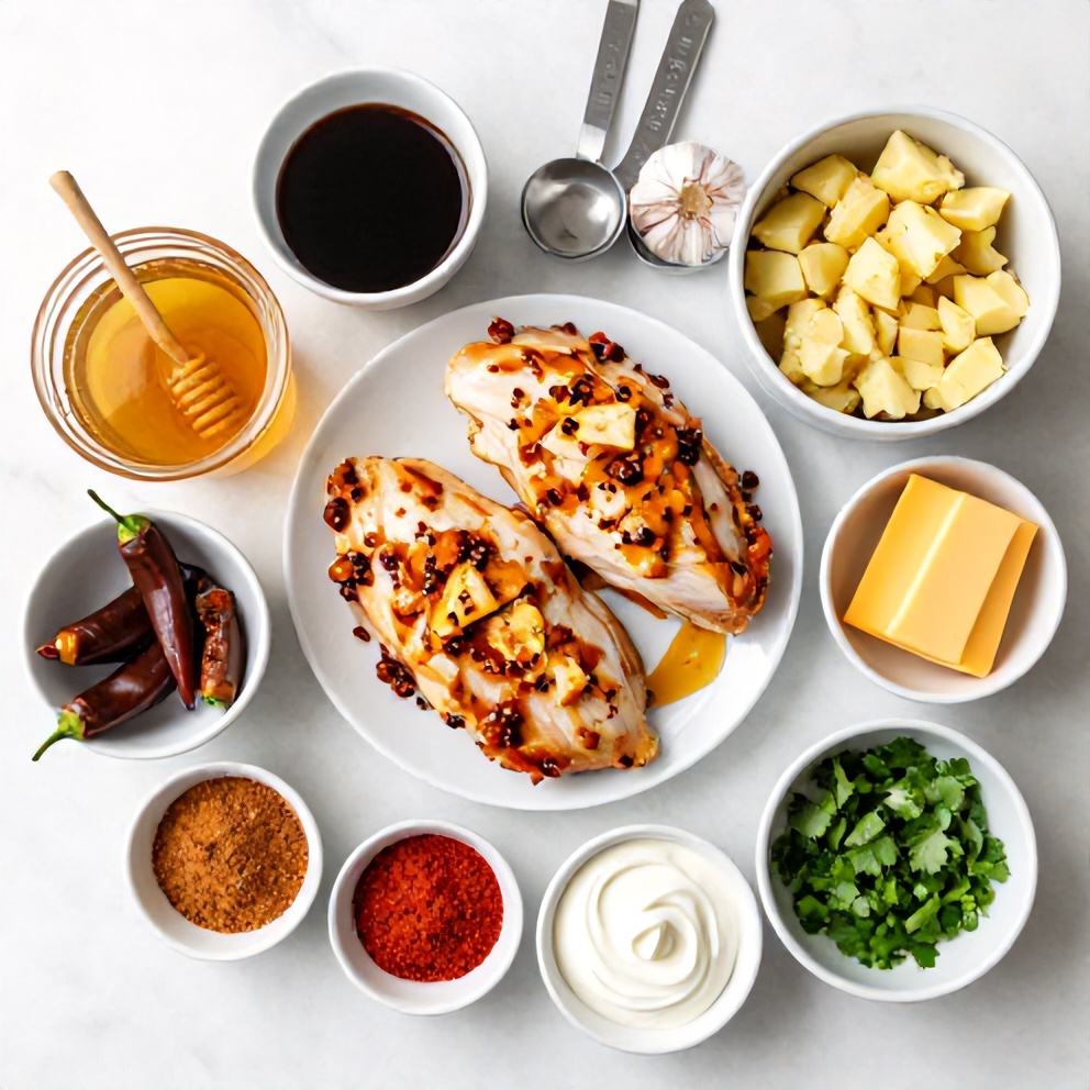 Raw ingredients for Crispy Chipotle Honey Chicken with Smoked Gouda Mashed Potatoes