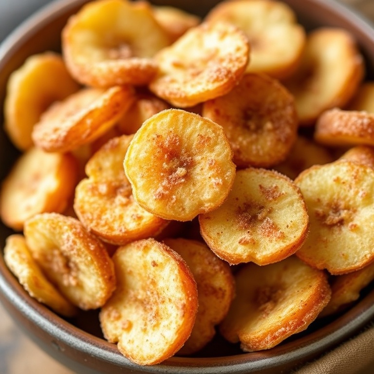 Crispy Cinnamon Sugar Air Fryer Banana Chips in a bowl. Perfectly coated with cinnamon sugar and ready to eat.