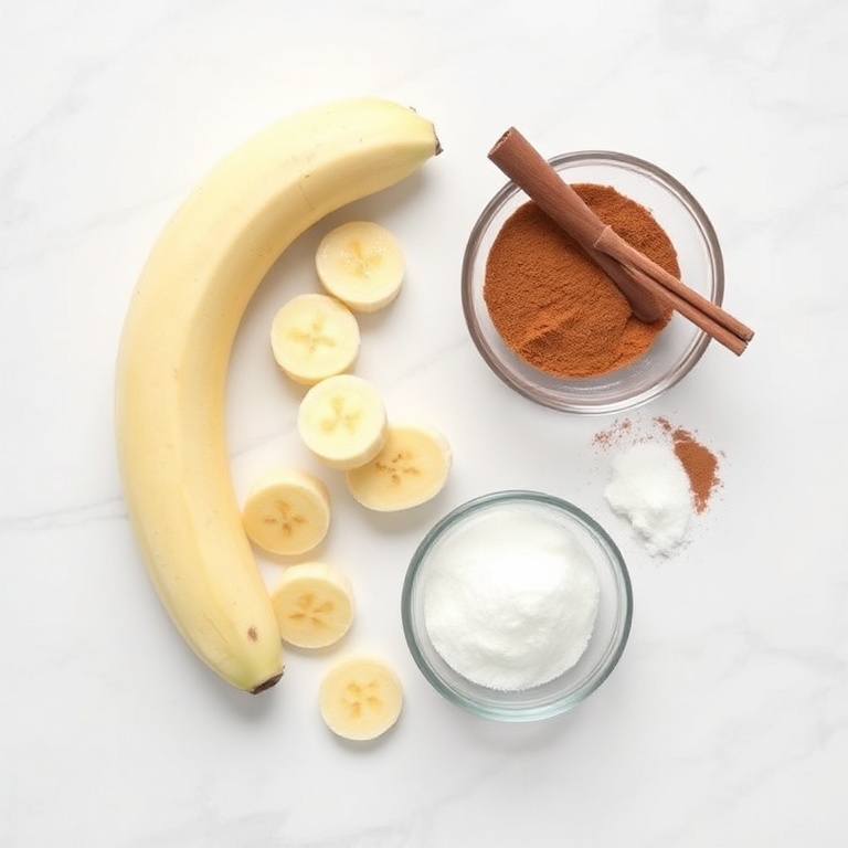 Raw banana slices, cinnamon, sugar, and a small mixing bowl arranged in an overhead flat lay. Fresh and ready to cook.
